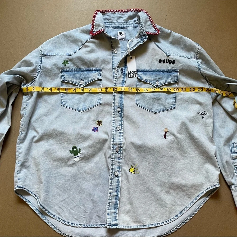 NWT NSF Suz Embroidered button Down Long Sleeve Denim Shirt in Formosa​